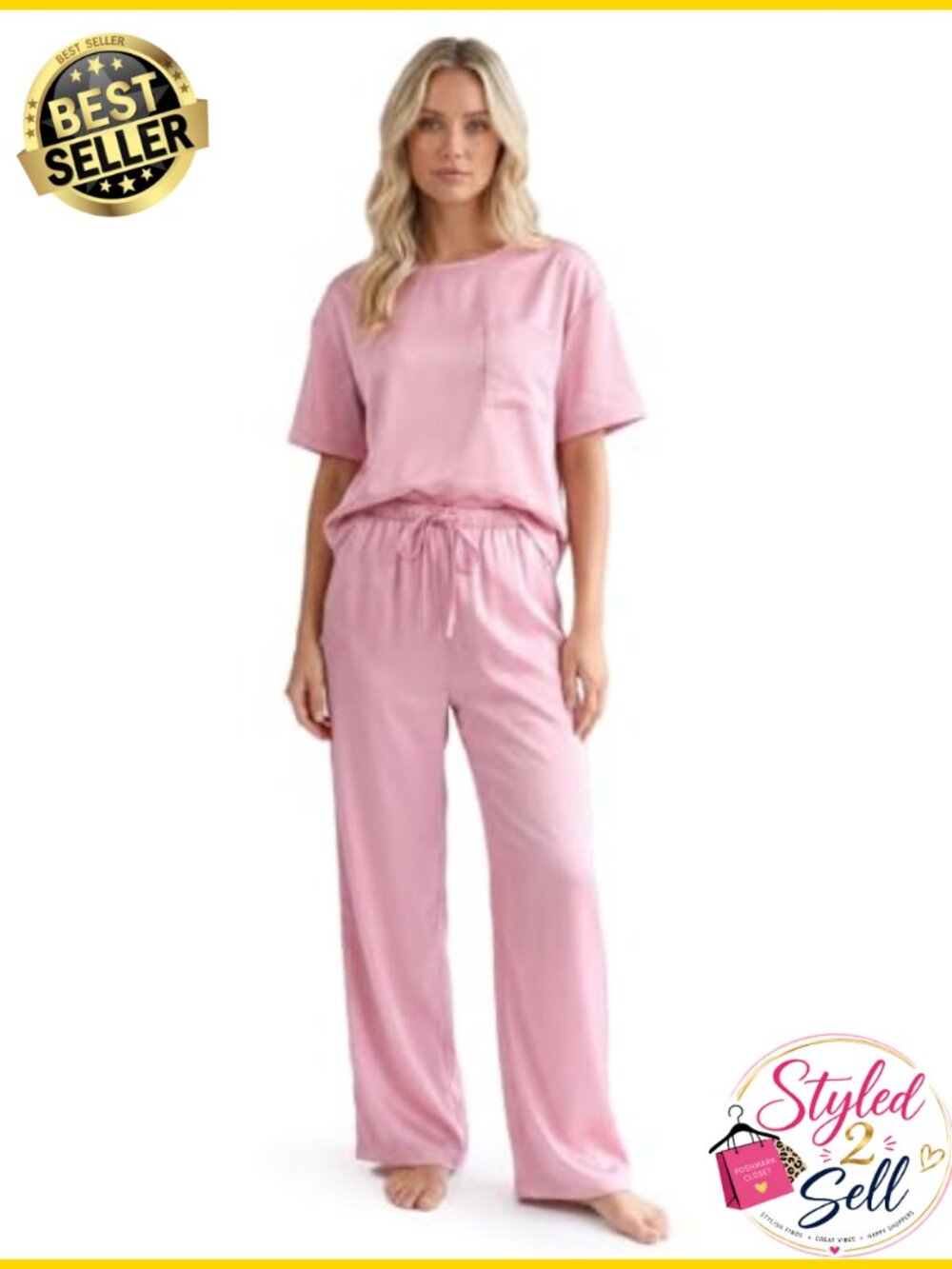Tall Women's Satin Pajama Set 2 Piece Short Sleeve Long Pants